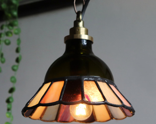 グリーン×ピンク系】ステンドグラスミニペンダントライト花型｜吊下げ