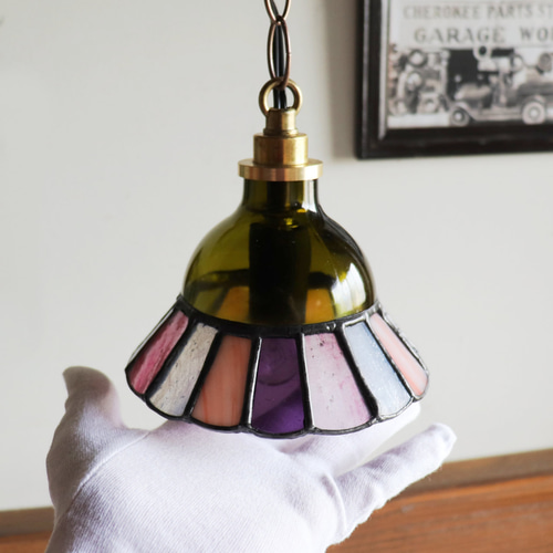 グリーン×ピンク系】ステンドグラスミニペンダントライト花型