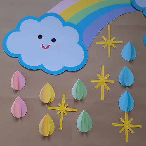 6月7月壁面飾り 雨つぶ 立体 雲 虹 あじさい キラキラ 保育士 切り絵