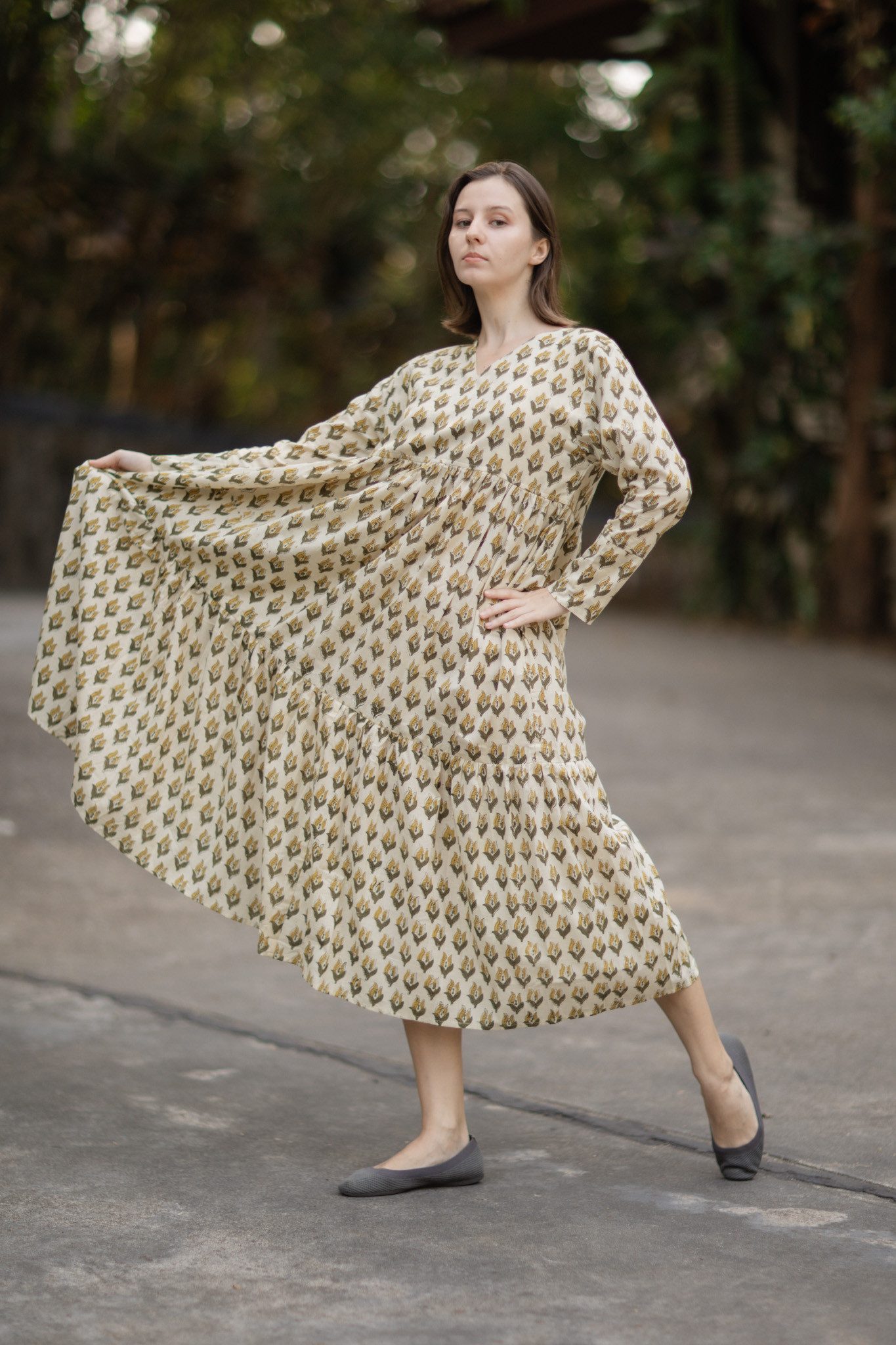 インド綿Vネックティアードワンピース