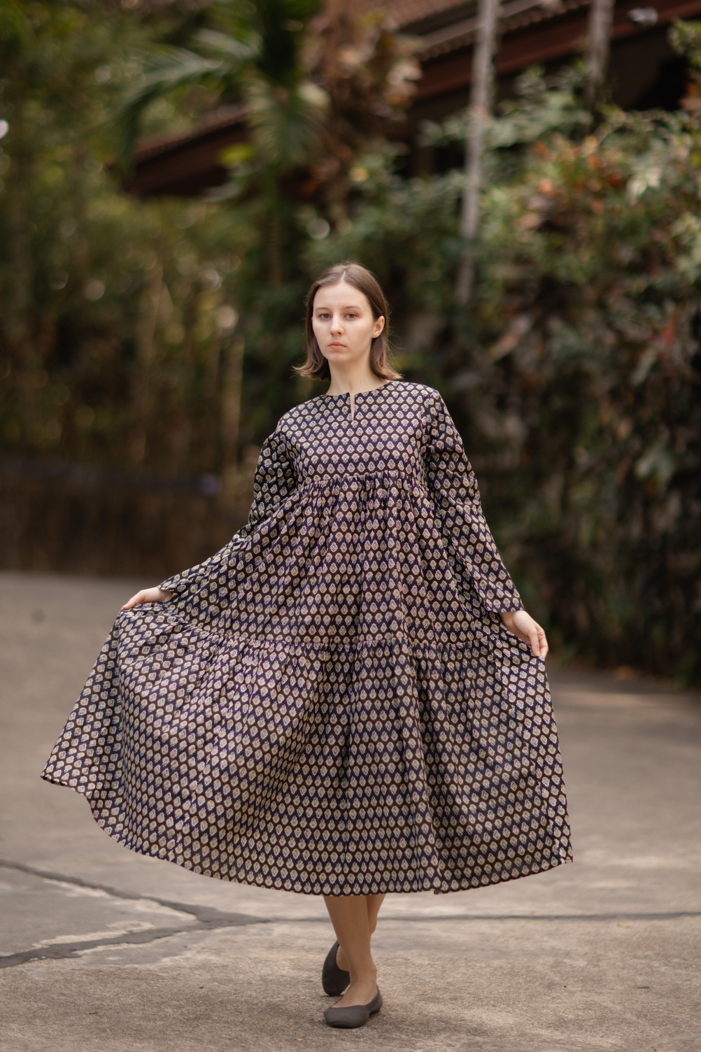 <送料無料>インド綿（ハンドブロックプリント）ティアードワンピース