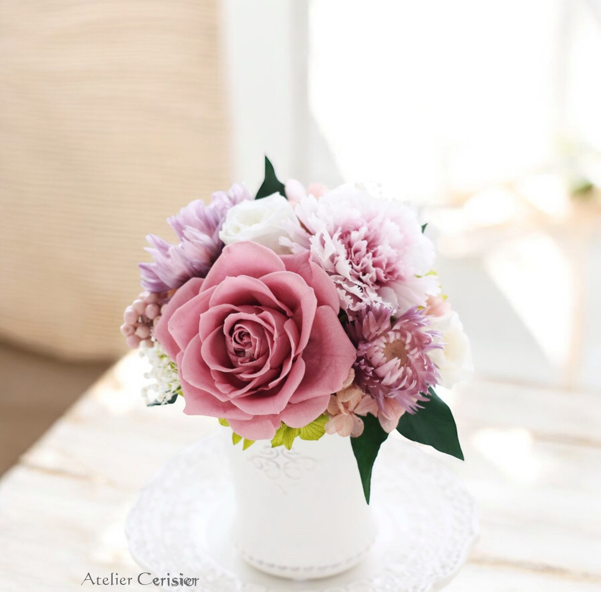 ☆プリザーブドフラワー＜リア Sサイズ＞ピンク ローズ＆カーネーション ミニアレンジ 【お祝い】