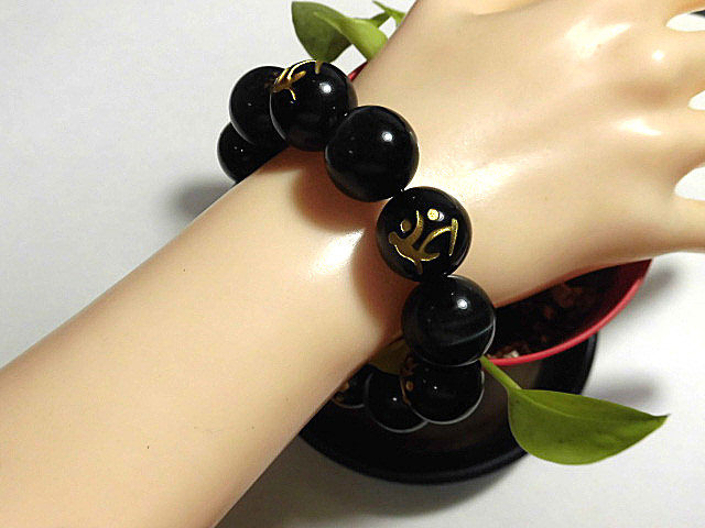 天然石 オブシディアン虚空蔵菩薩17.9mm～18.4mm玉ブレスレット 内周18.5cm 　　 250720162
