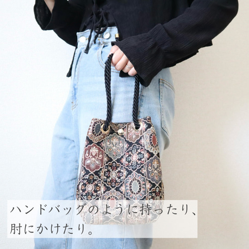 インド刺繍 巾着バッグ｜ツイード スパンコール 軽量 コンパクト 2way
