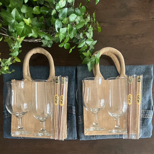 ＜SET＞特別価格 エプロン(ライトブルー)・グラス２・箸２・麻手提げ袋セット