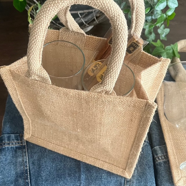 ＜SET＞特別価格 エプロン(ライトブルー)・グラス２・箸２・麻手提げ袋セット