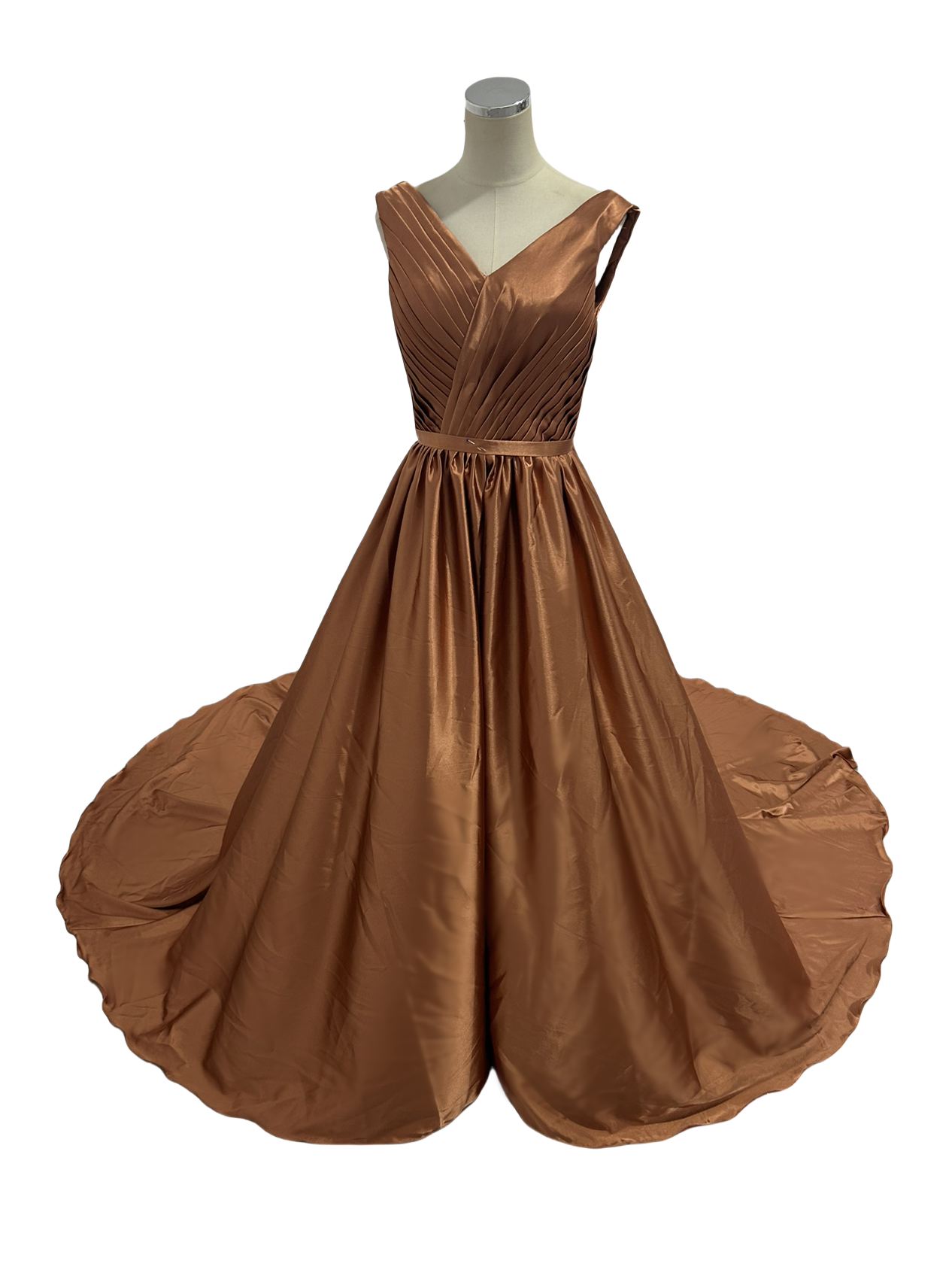 パーティードレス ノースリーブ Vネック 光沢感 滑らか テラコッタ色 スリット 前撮り 二次会