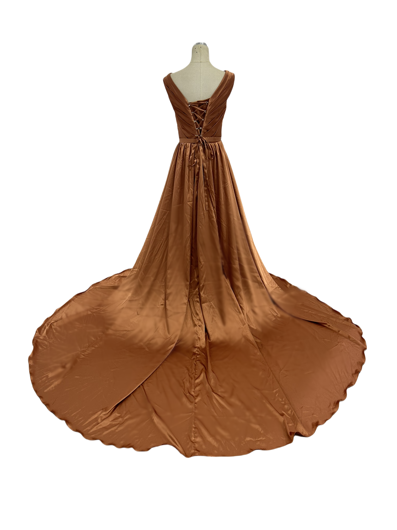 パーティードレス ノースリーブ Vネック 光沢感 滑らか テラコッタ色 スリット 前撮り 二次会