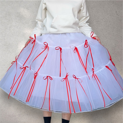 パニエロングスカート ホワイト×レッドリボン 白×赤 ロングスカート