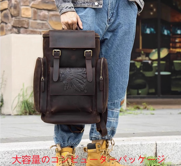 メンズバックパック大容量旅行本物のレザーレトロレトロ17インチコンピューターバッグトップレイヤーカウハイドレザー