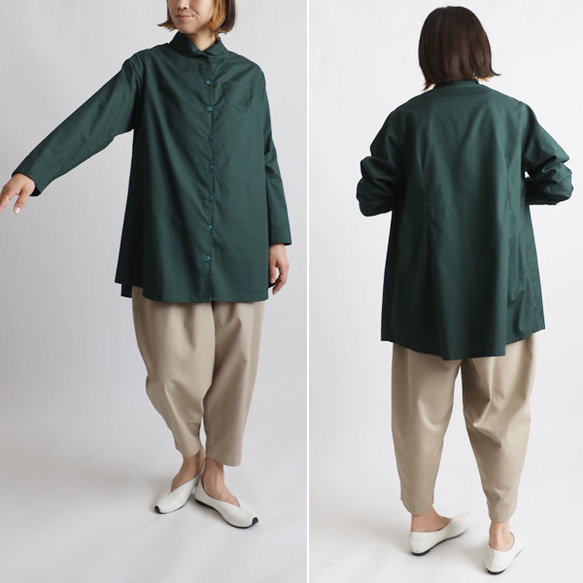 ⁂ラスト１　冬ＳＡＬＥ　上質ギマ擬麻コットン　丸襟　ロング　シャツ　背中ダーツ　ゆったり　着丈長めダークグリーンR14A 9枚目の画像