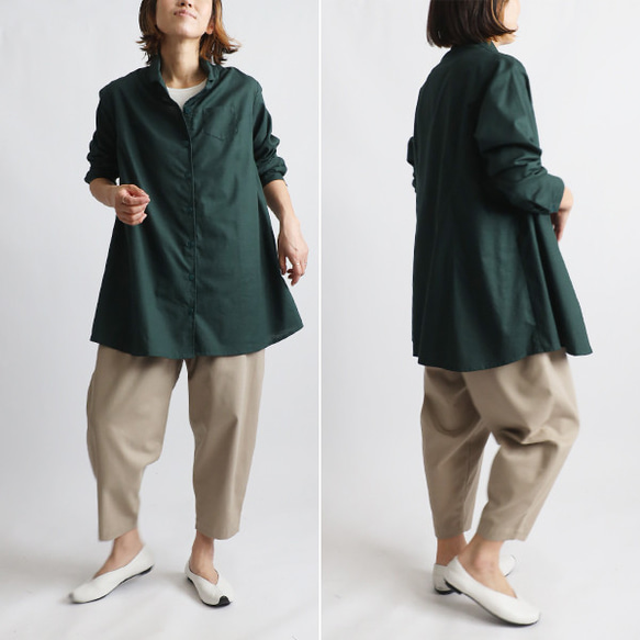 ⁂ラスト１　冬ＳＡＬＥ　上質ギマ擬麻コットン　丸襟　ロング　シャツ　背中ダーツ　ゆったり　着丈長めダークグリーンR14A 8枚目の画像