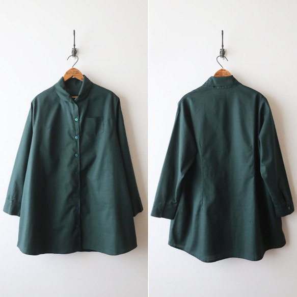 ⁂ラスト１　冬ＳＡＬＥ　上質ギマ擬麻コットン　丸襟　ロング　シャツ　背中ダーツ　ゆったり　着丈長めダークグリーンR14A 10枚目の画像