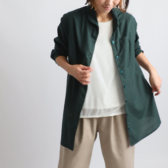 ⁂ラスト１　冬ＳＡＬＥ　上質ギマ擬麻コットン　丸襟　ロング　シャツ　背中ダーツ　ゆったり　着丈長めダークグリーンR14A 6枚目の画像