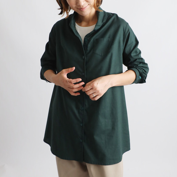 ⁂ラスト１　冬ＳＡＬＥ　上質ギマ擬麻コットン　丸襟　ロング　シャツ　背中ダーツ　ゆったり　着丈長めダークグリーンR14A 2枚目の画像