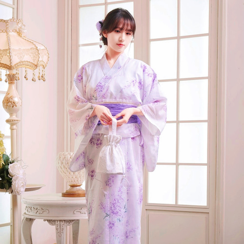 水彩花柄浴衣セット 2way ワンピース 兵児帯 セパレート ブルー