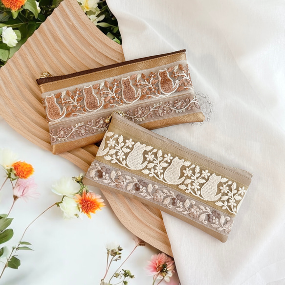 インド刺繍×エコレザー/メガネケース・ペンケース（ネコ刺繍