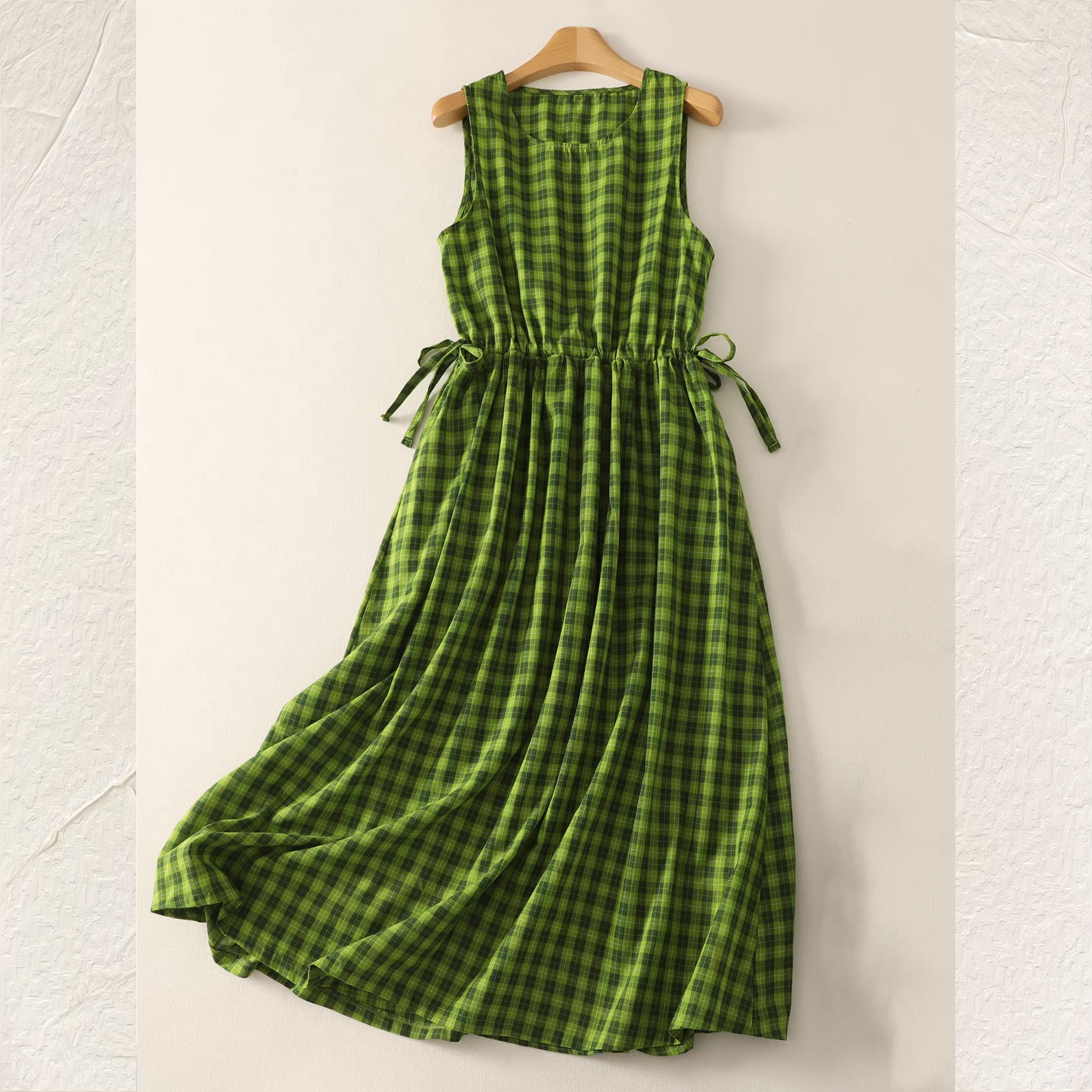 【受注】 新作 お洒落 綿麻 袖なし ワンピース  洗濯可