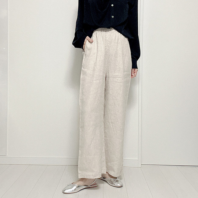 【新作再販】リネン100総ゴム仕立てワイドストレートイージーパンツ（ベージュ）25015BGF