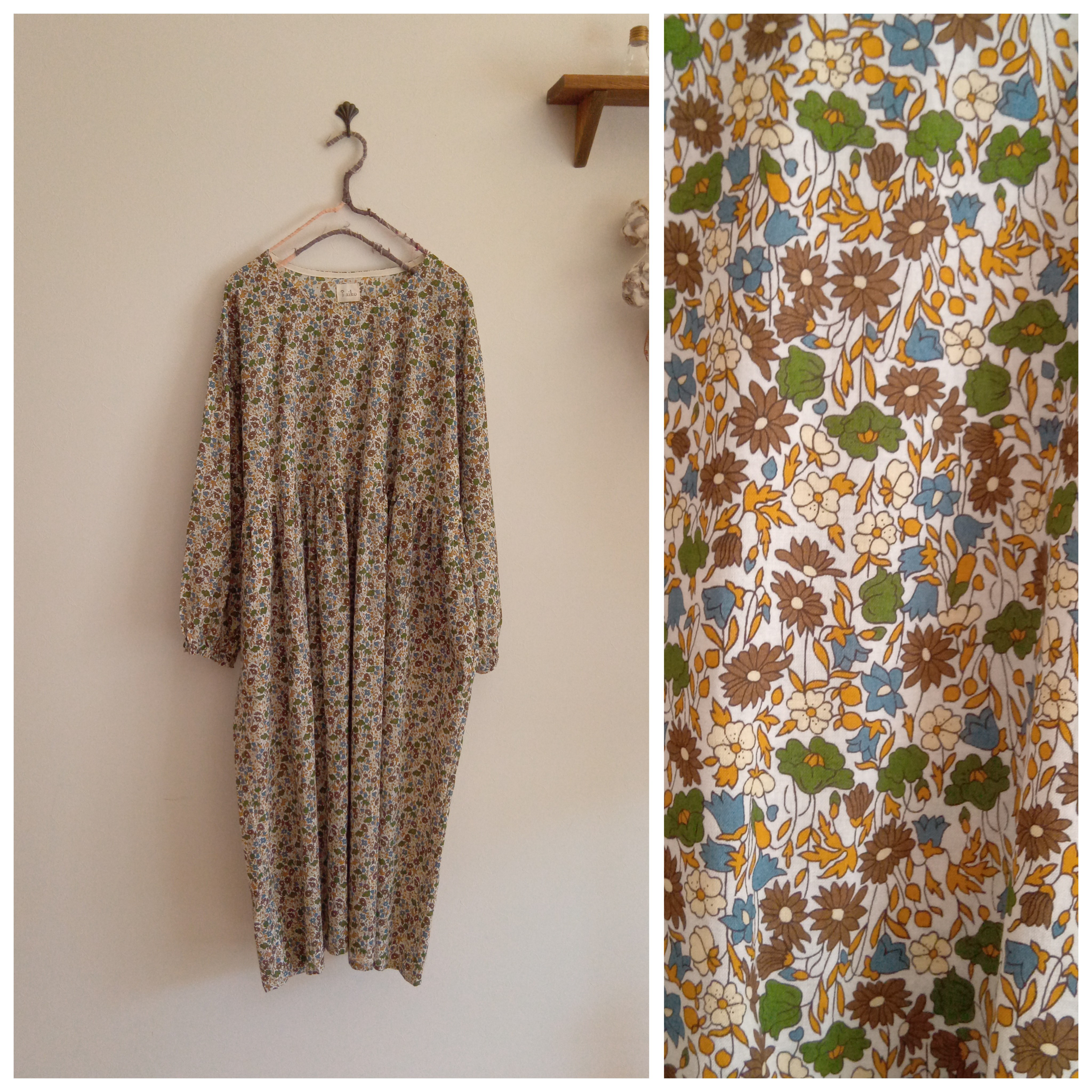 ローン花柄ワンピースオリーブカーキ