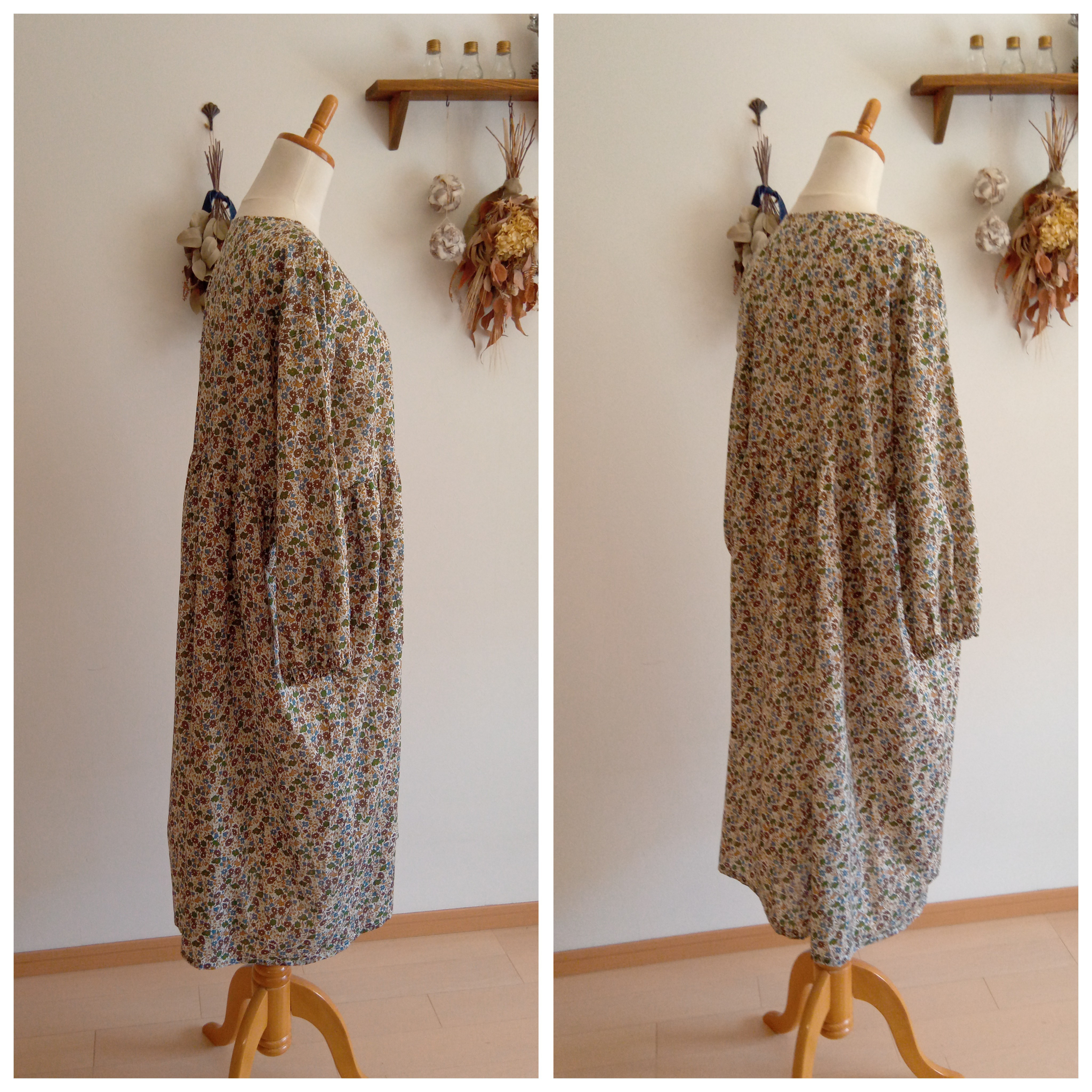 ローン花柄ワンピースオリーブカーキ