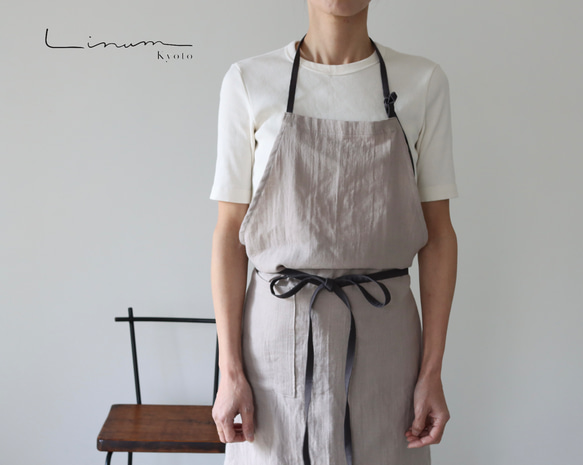 ふっくら厚さ2倍のとろみコットンダブルガーゼ×コットンリネンのシンプルなエプロン／ベージュ 5枚目の画像