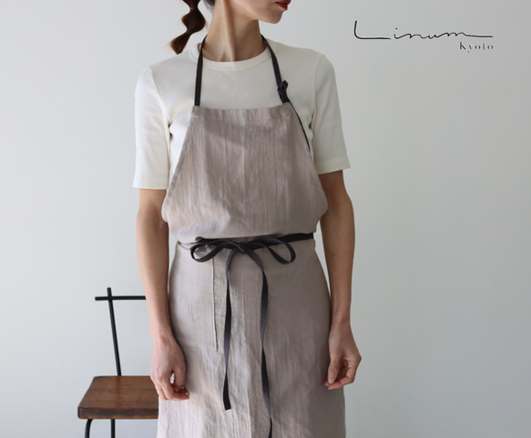 ふっくら厚さ2倍のとろみコットンダブルガーゼ×コットンリネンのシンプルなエプロン／ベージュ 8枚目の画像