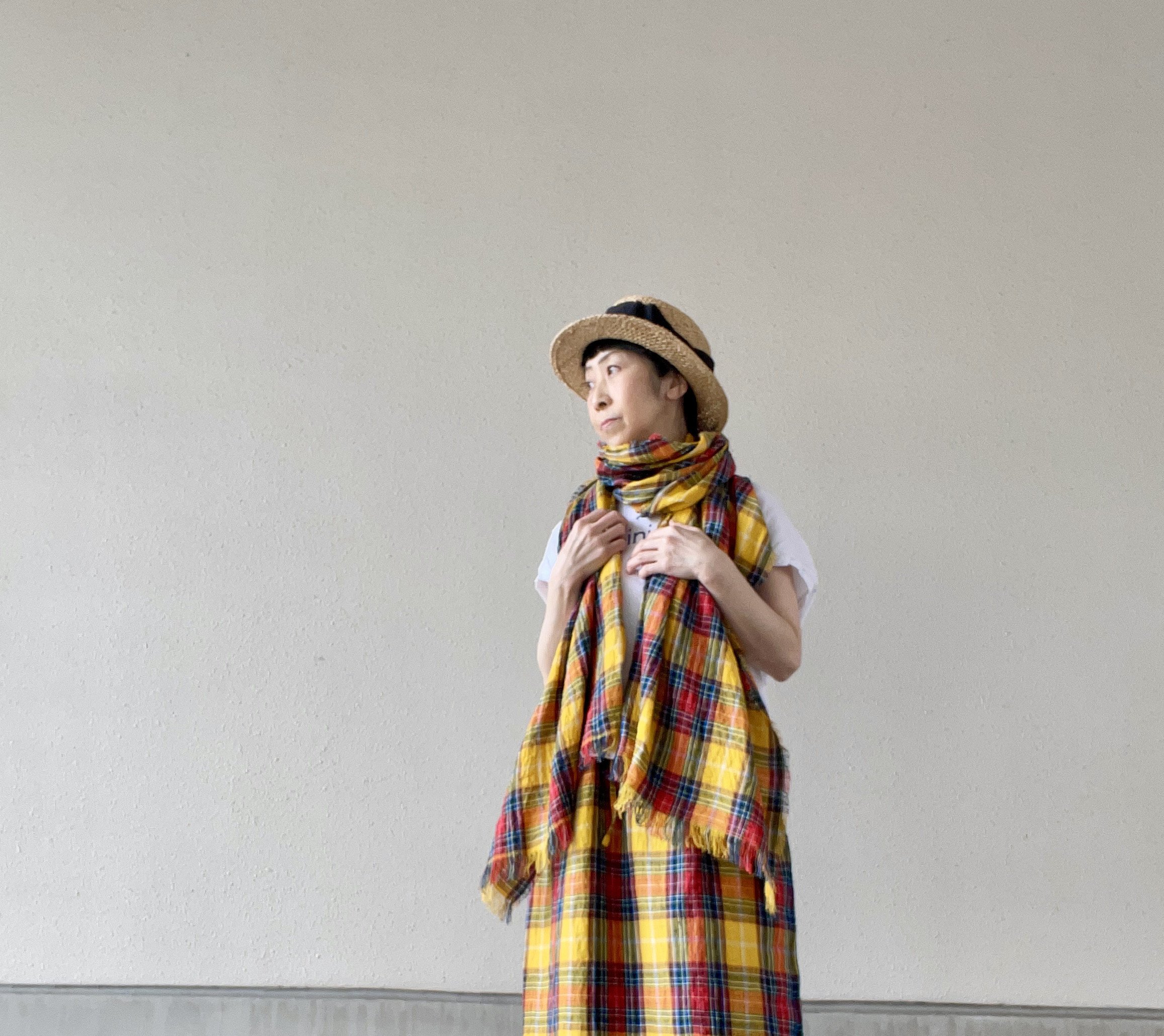『creema限定』くったり東炊きリネン大人可愛い大判タータンチェックストール(イエロー系)(受注制作)