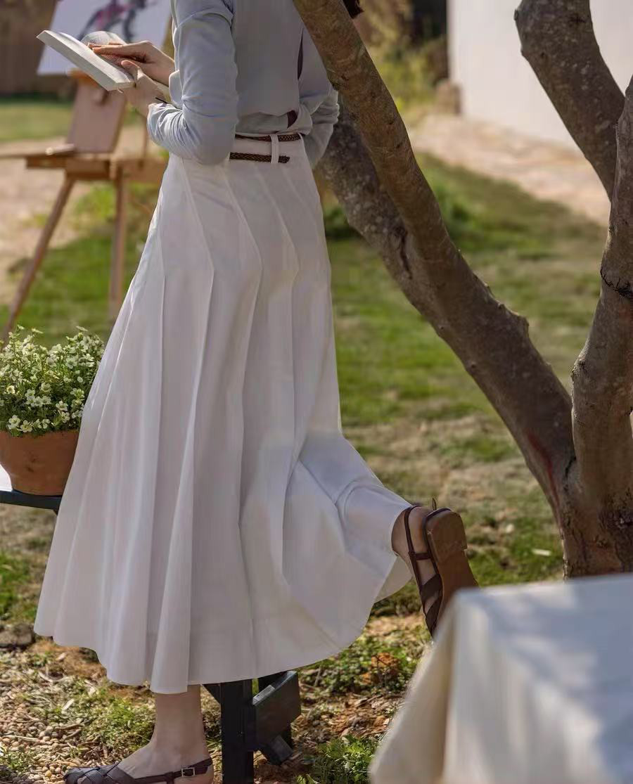 斜めタック入りロングスカート　コットン100％