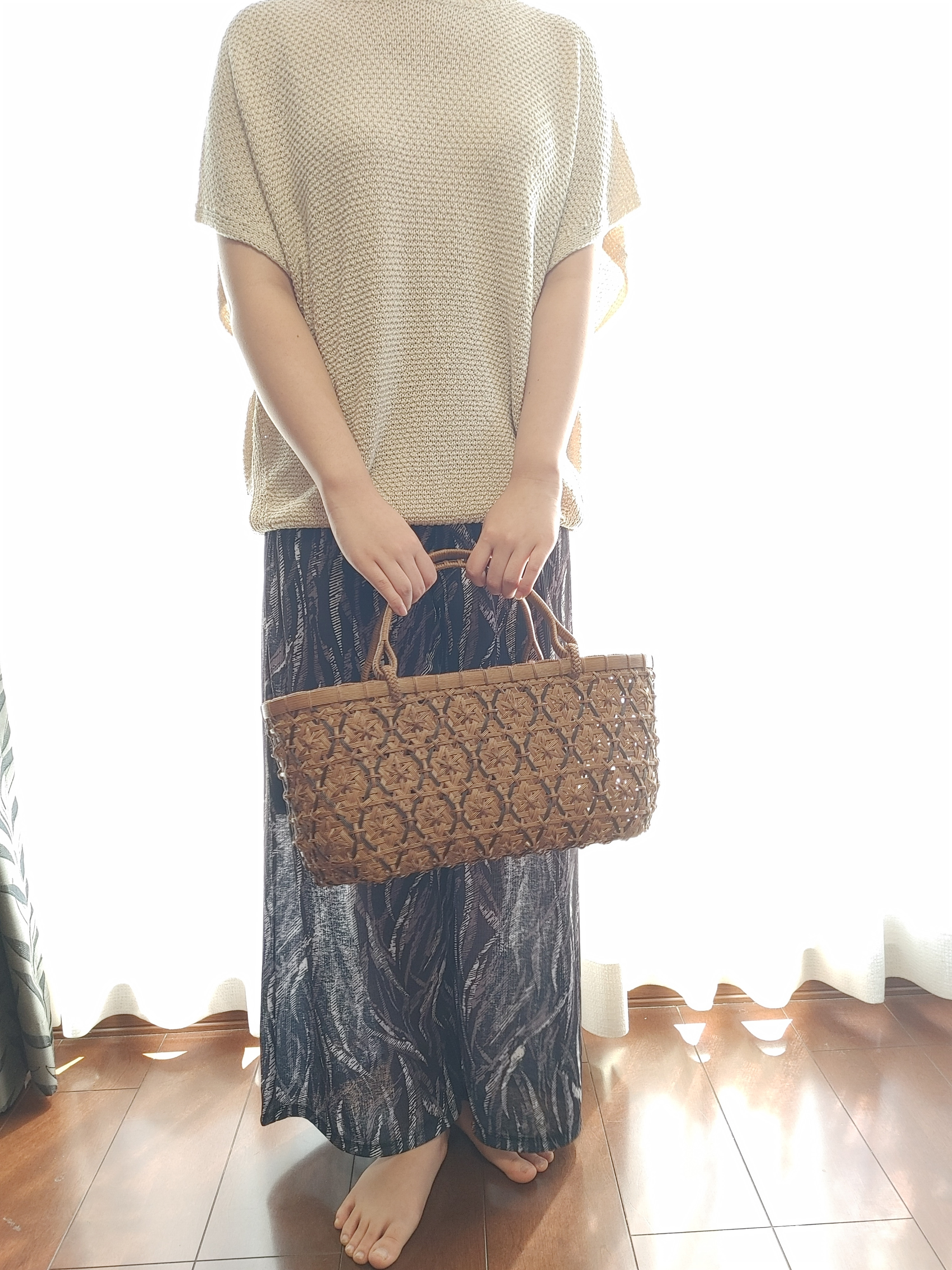 柿渋染め　菊花華編みの涌立模様　横長籠バッグ　着物や浴衣　シックな装いに【在庫１点】