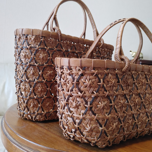 深め籠バッグ 柿渋染め 菊花華編み 着物や浴衣などの和装に【受注制作