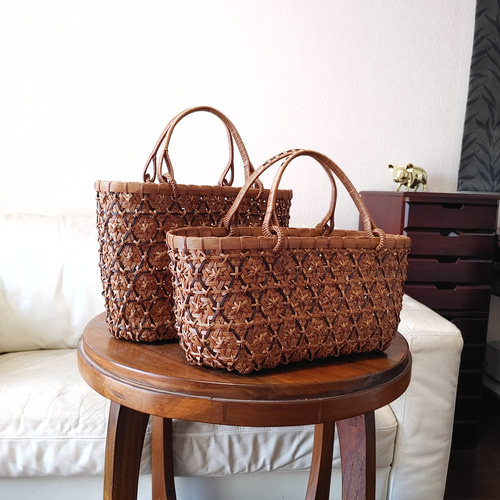 深め籠バッグ 柿渋染め 菊花華編み 着物や浴衣などの和装に【受注制作