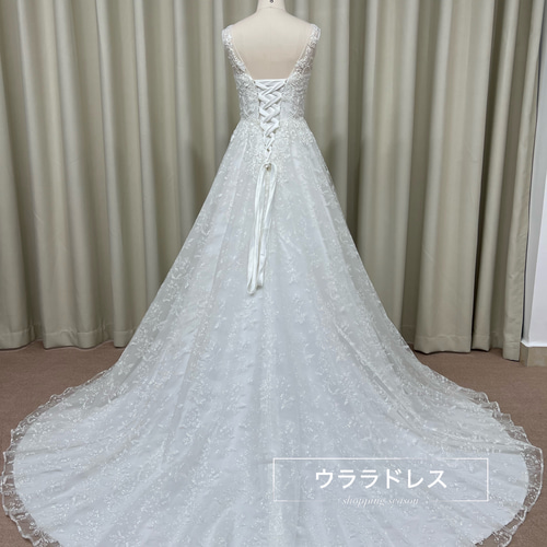 花柄レース＆スパンコール】Aライン刺繍ウェディングドレス｜V