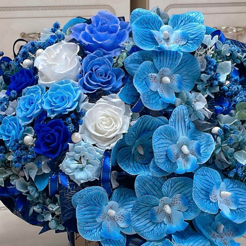 ✨特大✨水色＆白ミックスバラプリザ＆胡蝶蘭（アーティシャルフラワー）✨アレンジ ✨大人気✨バラミックスプリザ＆胡蝶蘭（アーティシャルフラワー