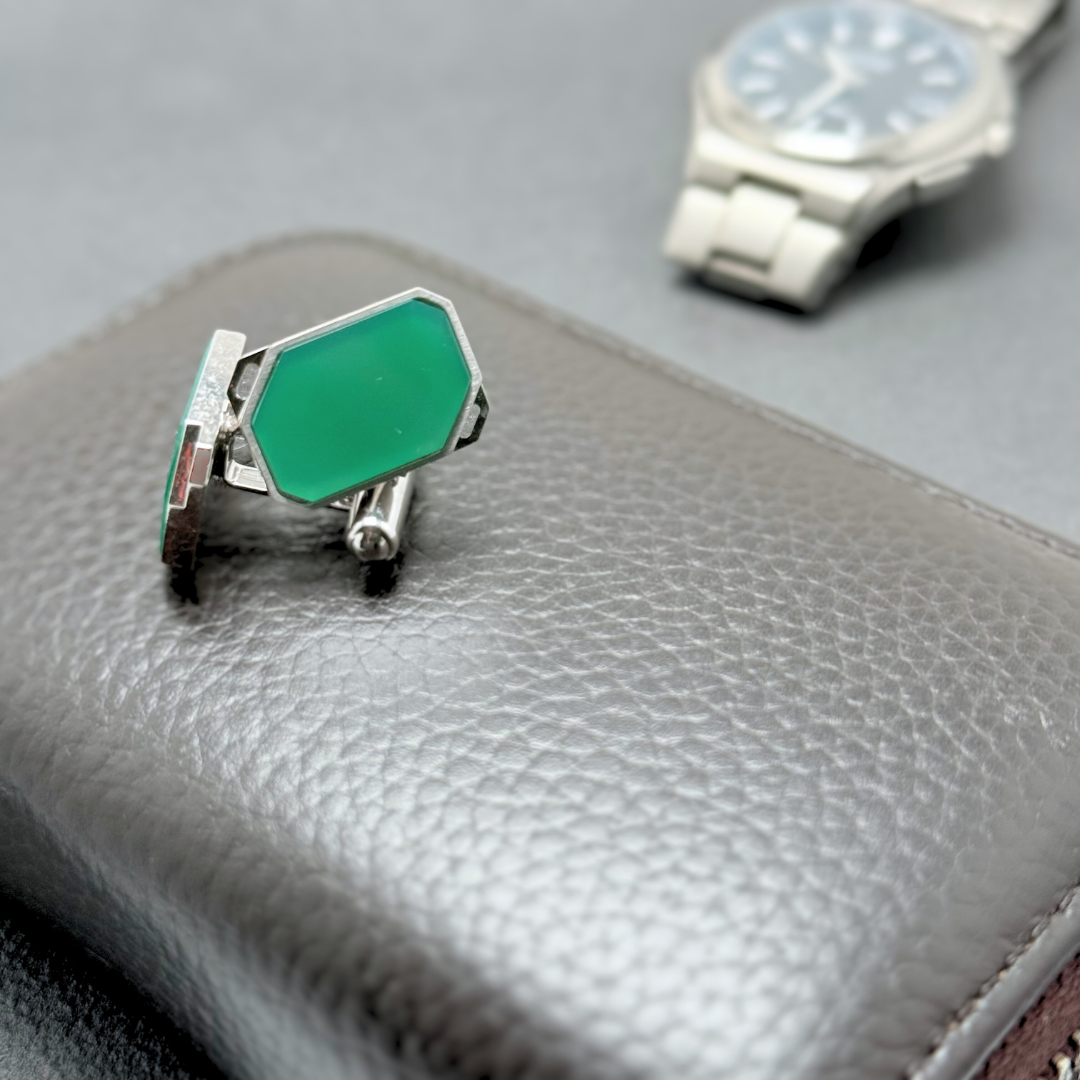 ラス1 アウトレット 緑の余白 クリソプレーズ/緑玉髄  RHP 天然石カフスボタン - Cutout