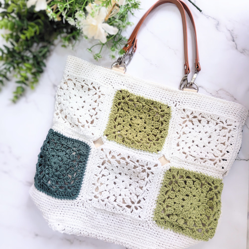 フラワーモチーフ編みトートバッグ 大きめ 大きめトート 大人 かぎ針