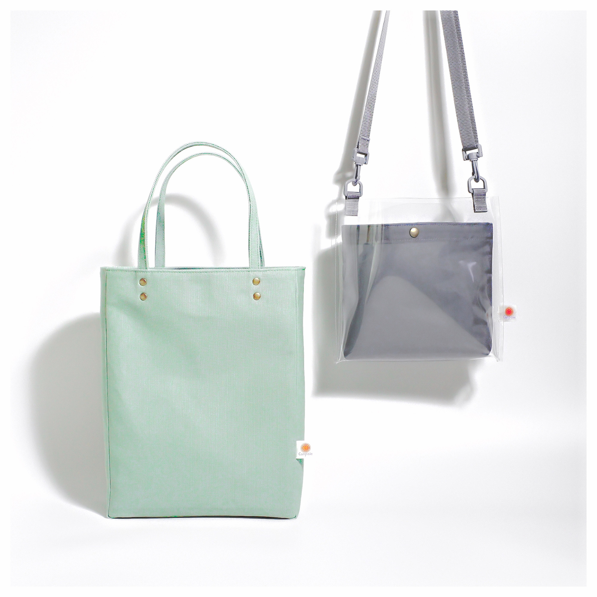 ”人気バッグ2点セット” PVCのスクエアサコッシュ（グレー）と帆布のペーパーバッグトート（ペールグリーン）《受注制作》