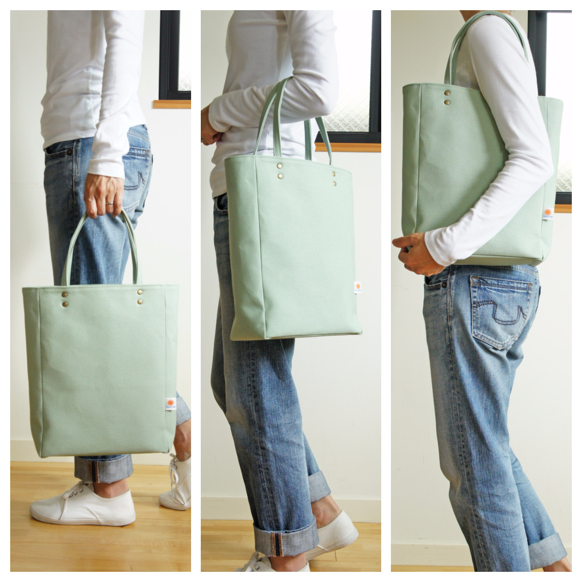 ”人気バッグ2点セット” PVCのスクエアサコッシュ（グレー）と帆布のペーパーバッグトート（ペールグリーン）《受注制作》