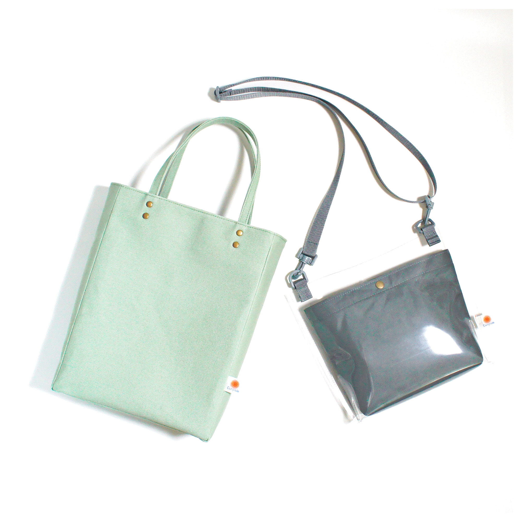 ”人気バッグ2点セット” PVCのスクエアサコッシュ（グレー）と帆布のペーパーバッグトート（ペールグリーン）《受注制作》