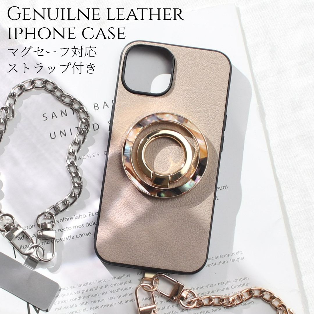 iphone ケース 本革 16 15 14 13 mini ショート ストラップ リング レザー べっ甲 マグセーフ