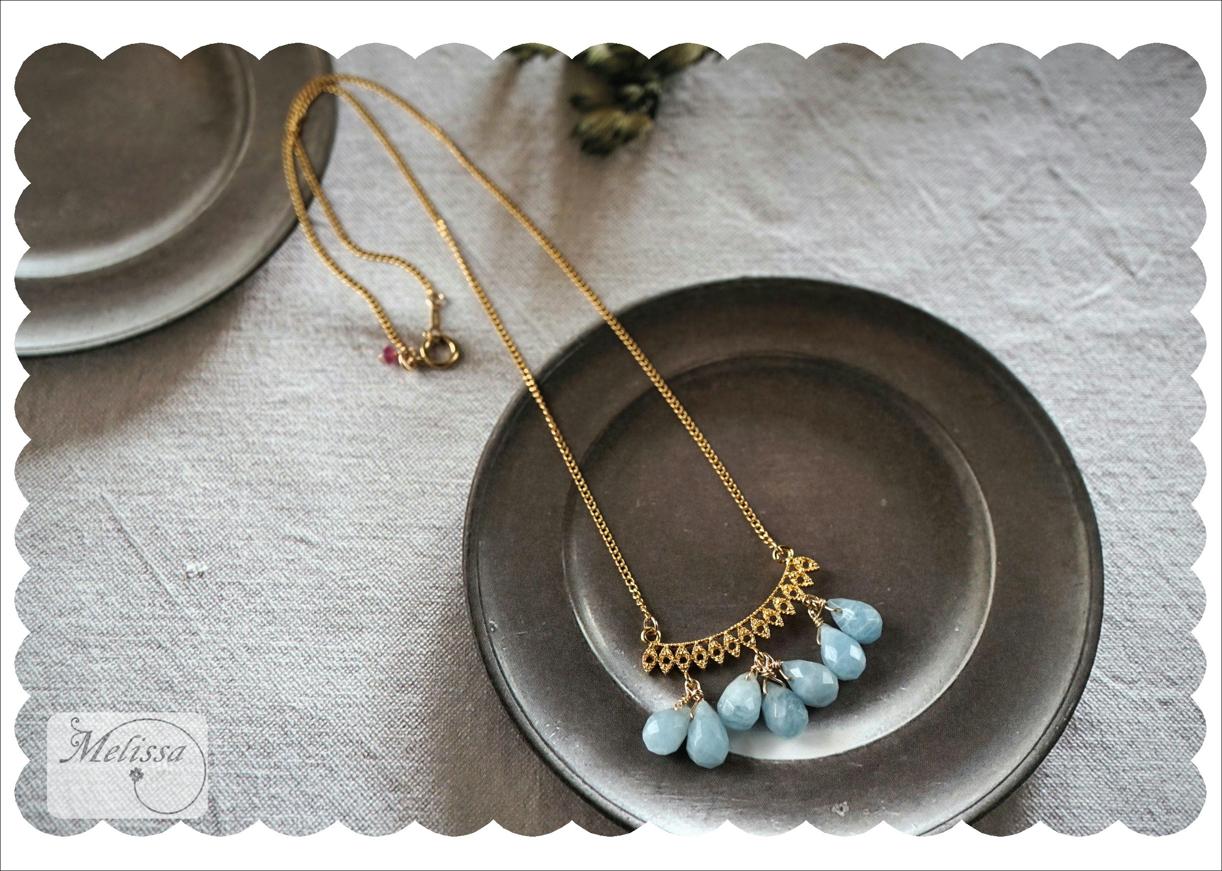 アクアマリンの透かしパーツネックレス