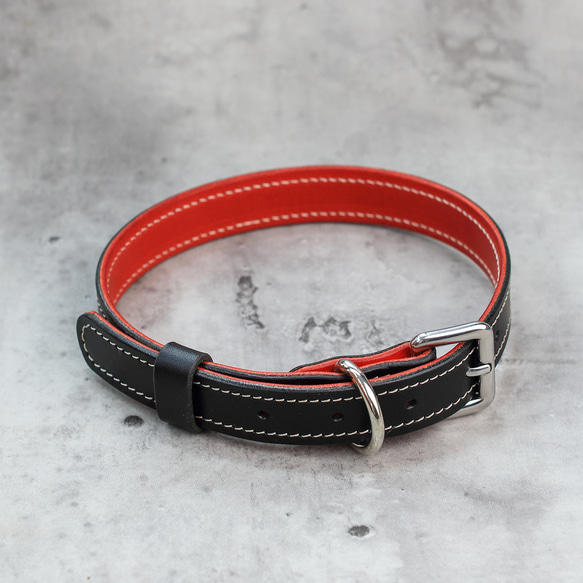 高級ハンドメイドブッテーロ本革製チョーカー 黒×赤 男女兼用