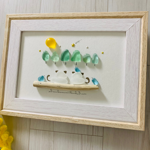 猫のアート 猫グッズ シーグラスアート 仲良し猫シルエット 幸せの青い