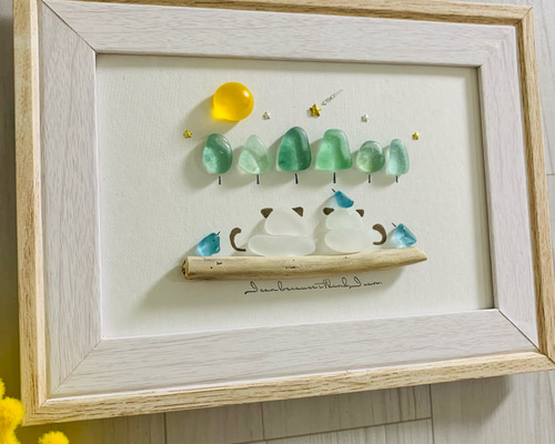 猫のアート 猫グッズ シーグラスアート 仲良し猫シルエット 幸せの青い