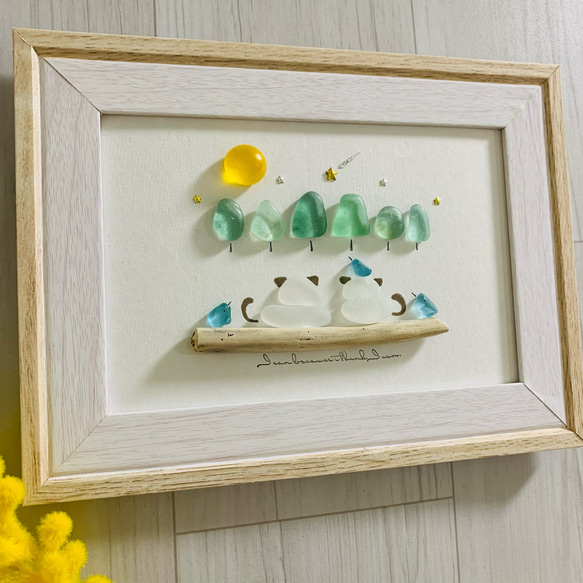 猫のアート 猫グッズ シーグラスアート 仲良し猫シルエット 幸せの青い