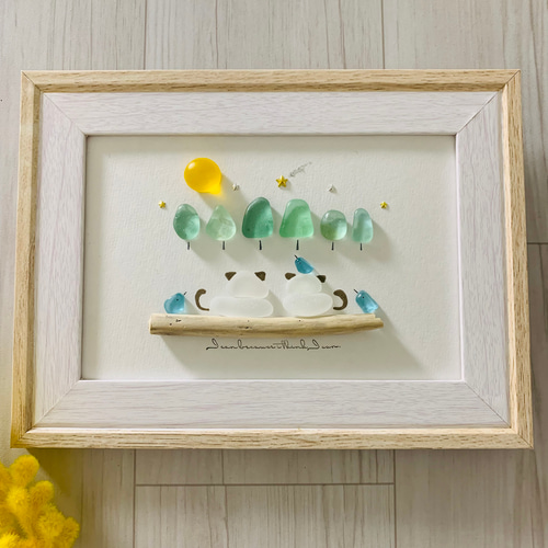 猫のアート 猫グッズ シーグラスアート 仲良し猫シルエット 幸せの青い