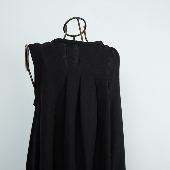 【着丈調整可能】すっきり華奢見せAライン コットン キーネック ノースリ ワンピース　ブラック　0655BK 13枚目の画像