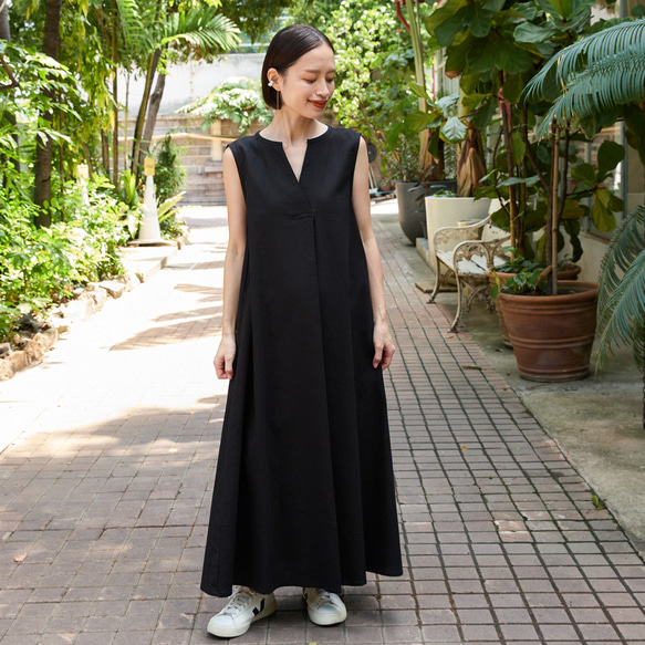 【着丈調整可能】すっきり華奢見せAライン コットン キーネック ノースリ ワンピース　ブラック　0655BK 2枚目の画像