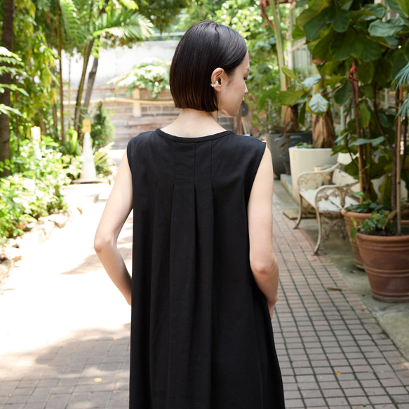 【着丈調整可能】すっきり華奢見せAライン コットン キーネック ノースリ ワンピース　ブラック　0655BK 5枚目の画像