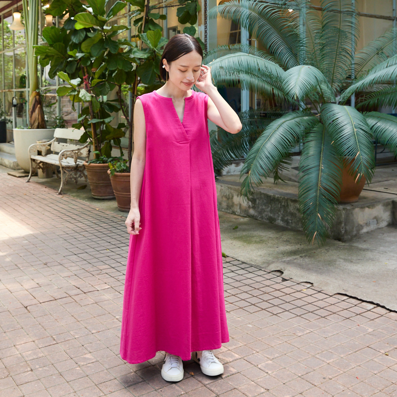 【着丈調整可能】すっきり華奢見せAライン コットン キーネック ノースリ ワンピース　ピンク　0655PK